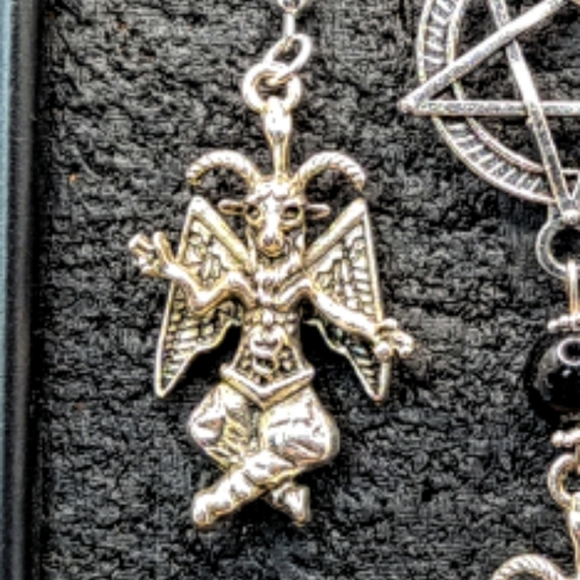 Baphomet Unisex Necklace and Earring Jewelry Set Obsidian Stone - Picture 2 of 3